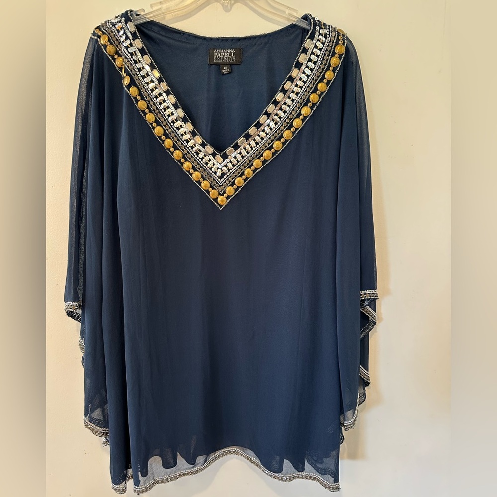 Adrianna Papell Navy and Gold Embellished Evening Top